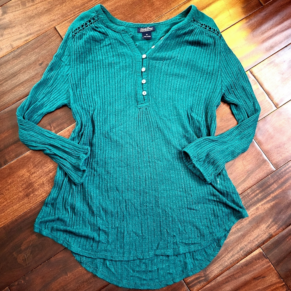Lucky Brand Thin Ribbed Knit Henley w/ Crochet Detail